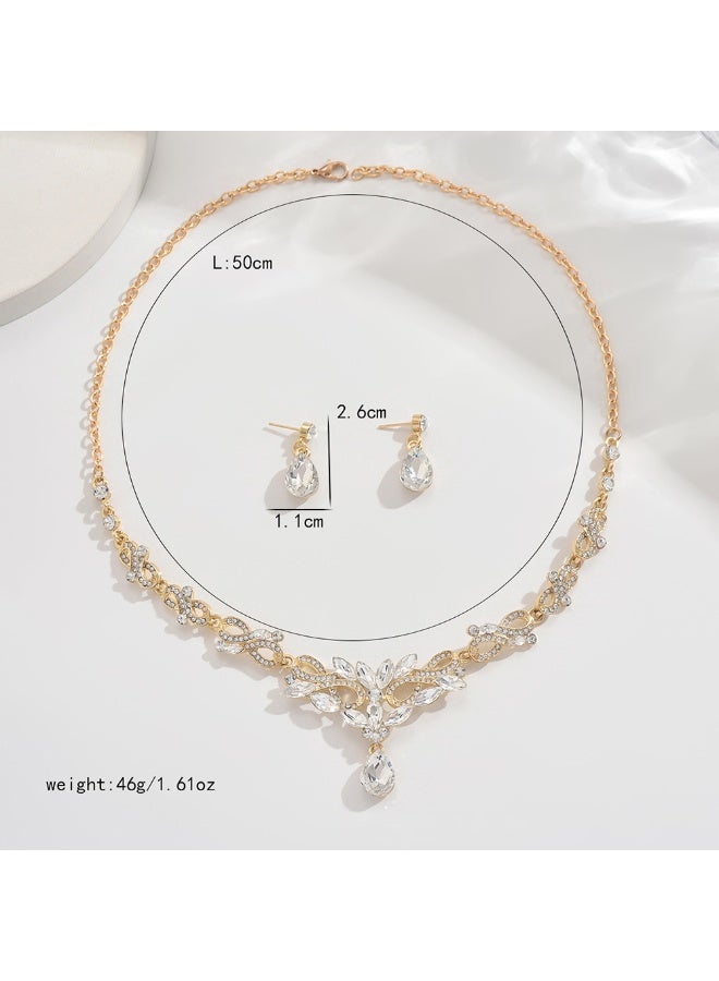 مجموعة مجوهرات ذهبية مطليّة بلورية - قلادة بتصميم ورقية وقرطاسية قطعة ماء للنساء، مثالية للحفلات والزواج - Image 2